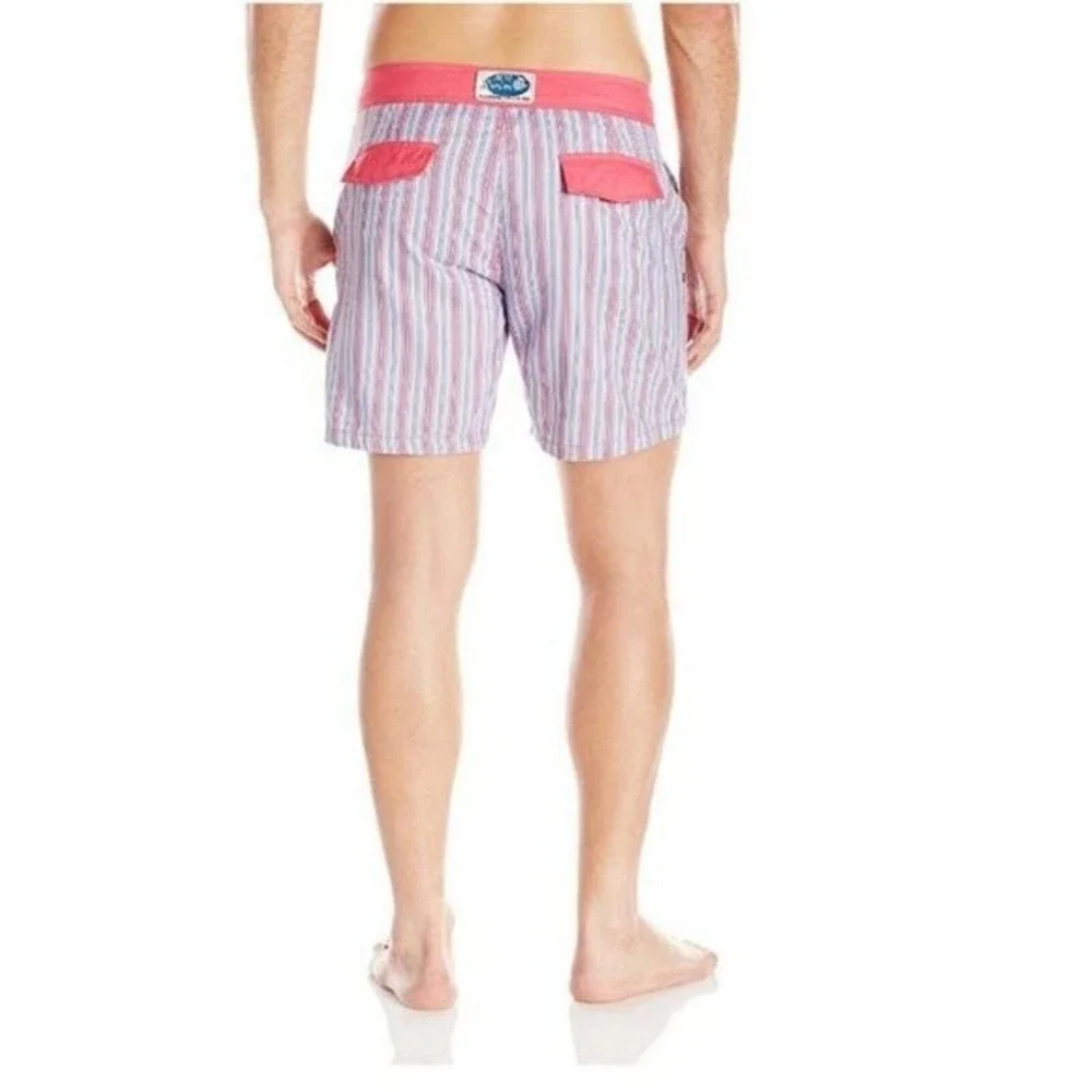 Mr Swim Shorts Mens 36 Pink Blue Pinstripe Drawstring Board Trunks‎ NWT Summer